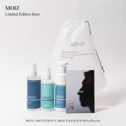 【MOIZ】先行予約限定3点SET/ SKIN CARE LOTION N ＆ MILK N & FACE WASH (先行限定MOIZオリジナル巾着＆ともやん直筆サインポストカード付)